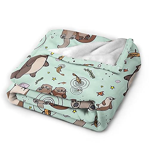 Sea Otter Novelty Throw Blanket Flannel Fleece Green Blanket for Bed Couch Chair Travel Camping Super Soft Warm Lightweight Comfort Cute Otter Gifts for Girls Boys Adults 60"x50"