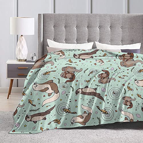 Sea Otter Novelty Throw Blanket Flannel Fleece Green Blanket for Bed Couch Chair Travel Camping Super Soft Warm Lightweight Comfort Cute Otter Gifts for Girls Boys Adults 60"x50"