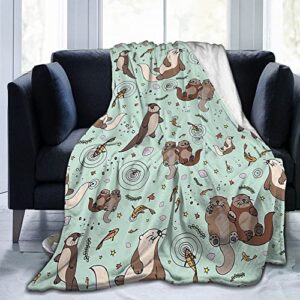 Sea Otter Novelty Throw Blanket Flannel Fleece Green Blanket for Bed Couch Chair Travel Camping Super Soft Warm Lightweight Comfort Cute Otter Gifts for Girls Boys Adults 60"x50"