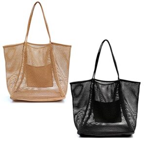 mesh beach tote womens shoulder handbag (tan, black)