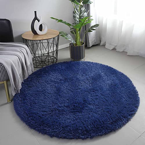 4x4 Navy Blue Fluffy Round Rug for Living Room Luxurious Circle Carpet for Bedroom Shaggy Plush Soft Grey Round Rug Home Decoration Carpets (4x4, Navy Blue)