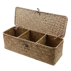 cabilock laundry basket 3- grid water hyacinth storage bins: seagrass wicker baskets with lid dedsktop sundries container stationary box rattan woven cosmetics baskets wicker storage basket