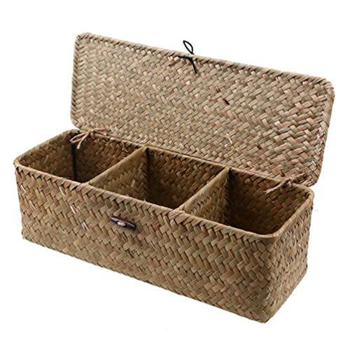 Cabilock Laundry Basket 3- Grid Water Hyacinth Storage Bins: Seagrass Wicker Baskets with Lid Dedsktop Sundries Container Stationary Box Rattan Woven Cosmetics Baskets Wicker Storage Basket