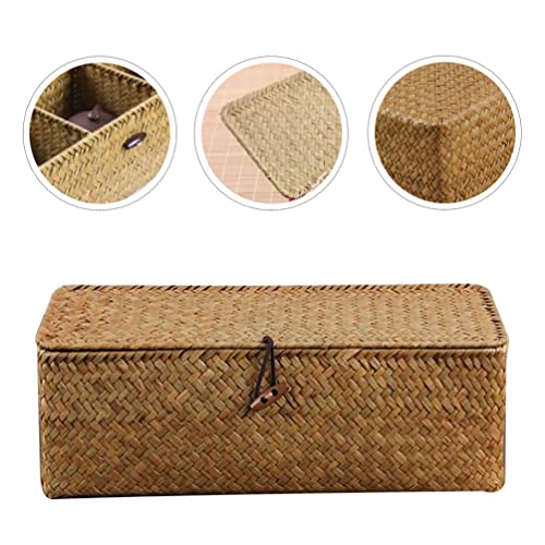 Cabilock Laundry Basket 3- Grid Water Hyacinth Storage Bins: Seagrass Wicker Baskets with Lid Dedsktop Sundries Container Stationary Box Rattan Woven Cosmetics Baskets Wicker Storage Basket