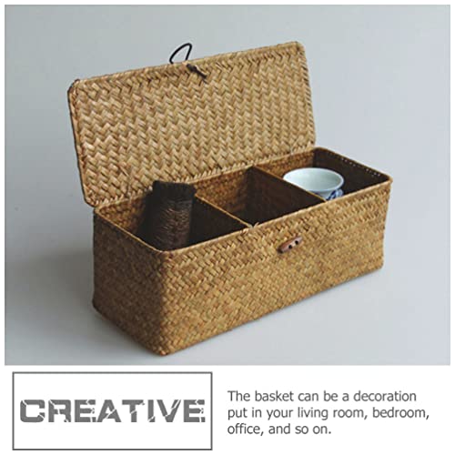 Cabilock Laundry Basket 3- Grid Water Hyacinth Storage Bins: Seagrass Wicker Baskets with Lid Dedsktop Sundries Container Stationary Box Rattan Woven Cosmetics Baskets Wicker Storage Basket