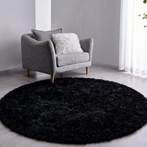 fjzfing black round rug ultra-soft plush modern 4×4 circle area rug for kid’s bedroom, fluffy shag circular rug for nursery room, non-slip home decor cute black carpet for teen’s room