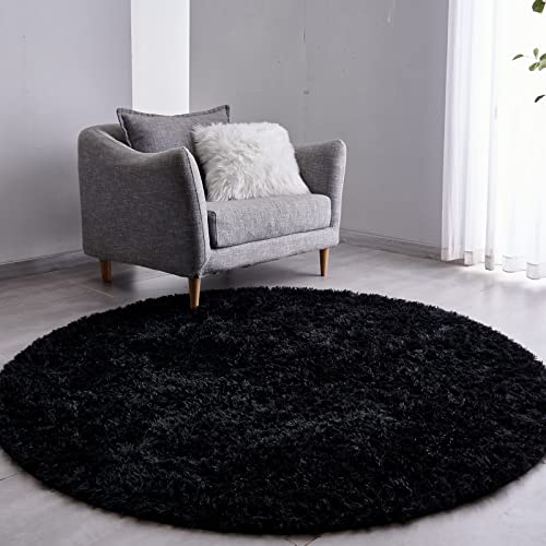 FJZFING Black Round Rug Ultra-Soft Plush Modern 4x4 Circle Area Rug for Kid's Bedroom, Fluffy Shag Circular Rug for Nursery Room, Non-Slip Home Decor Cute Black Carpet for Teen's Room