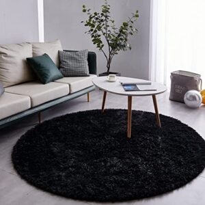 FJZFING Black Round Rug Ultra-Soft Plush Modern 4x4 Circle Area Rug for Kid's Bedroom, Fluffy Shag Circular Rug for Nursery Room, Non-Slip Home Decor Cute Black Carpet for Teen's Room