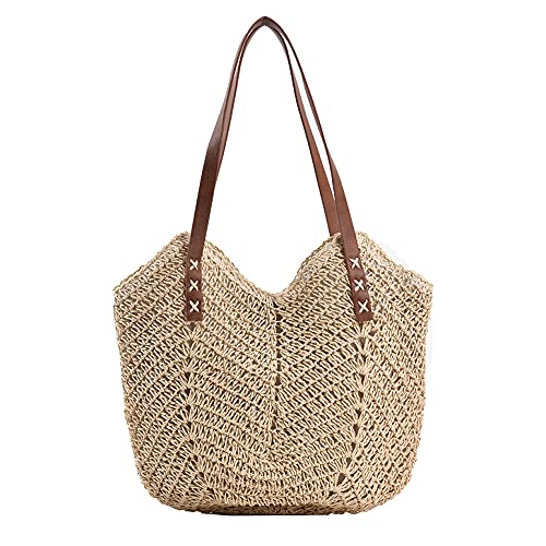 JQWSVE Straw Shoulder Bag for Woman, Large Handwoven Handle Tote bag, Retro Summer Beach Boho Rattan Handbag