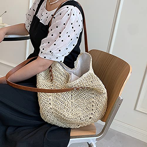 JQWSVE Straw Shoulder Bag for Woman, Large Handwoven Handle Tote bag, Retro Summer Beach Boho Rattan Handbag