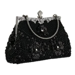 rkrouco 1920s vintage beaded clutch evening bags pearl flapper handbag for women wedding party（black）
