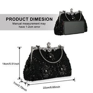 Rkrouco 1920s Vintage Beaded Clutch Evening Bags Pearl Flapper Handbag for Women Wedding Party（black）