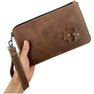 Hide & Drink, Flowered Clutch Handmade from Full Grain Leather - Bourbon Brown