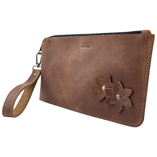 Hide & Drink, Flowered Clutch Handmade from Full Grain Leather - Bourbon Brown