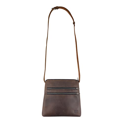 Hide & Drink, 3 Zipper Satchel Handmade from Full Grain Leather and Plaid Cotton - Versatile Handbag - Bourbon Brown