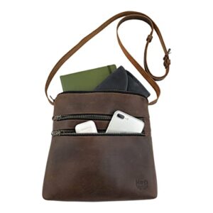 Hide & Drink, 3 Zipper Satchel Handmade from Full Grain Leather and Plaid Cotton - Versatile Handbag - Bourbon Brown