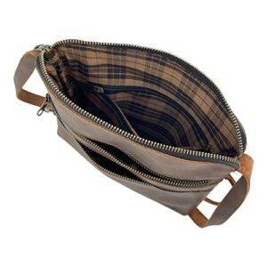 Hide & Drink, 3 Zipper Satchel Handmade from Full Grain Leather and Plaid Cotton - Versatile Handbag - Bourbon Brown