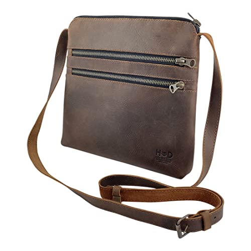 Hide & Drink, 3 Zipper Satchel Handmade from Full Grain Leather and Plaid Cotton - Versatile Handbag - Bourbon Brown