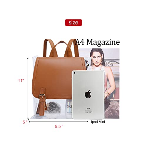 KKXIU Fashion Clear Backpack Stadium Approved Bag School Transparent See Through Bookbag Purse for Women and Teen Girls (Brown)