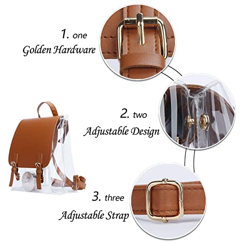 KKXIU Fashion Clear Backpack Stadium Approved Bag School Transparent See Through Bookbag Purse for Women and Teen Girls (Brown)