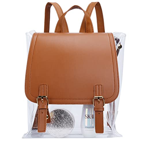 KKXIU Fashion Clear Backpack Stadium Approved Bag School Transparent See Through Bookbag Purse for Women and Teen Girls (Brown)