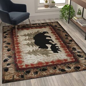 Flash Furniture Ursus Collection Rustic Lodge Wandering Black Bear & Cub Area Rug - Olefin Fibers in Brown, Beige, Black, & Green - 5' x 7' Accent Rug - Jute Backing