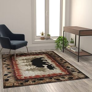 Flash Furniture Ursus Collection Rustic Lodge Wandering Black Bear & Cub Area Rug - Olefin Fibers in Brown, Beige, Black, & Green - 5' x 7' Accent Rug - Jute Backing