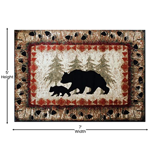 Flash Furniture Ursus Collection Rustic Lodge Wandering Black Bear & Cub Area Rug - Olefin Fibers in Brown, Beige, Black, & Green - 5' x 7' Accent Rug - Jute Backing