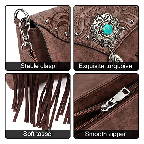 LAVAWA Small Crossbody Bags for Women Crossbody Handbag Fringe Purse Tassel Shoulder Bag Turquoise Concho Wallet