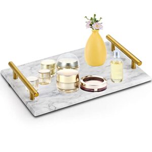 DEAYOU Marble Tray with Gold Handles, White Marble Stone Decorative Tray, 12" Nightstand Serving Tray with Metal Handle, Catchall Key Perfume Tray Pastry Food Board for Vanity, Coffee Table, Desk