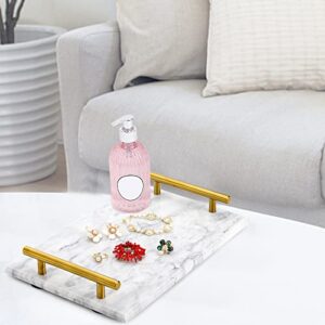 DEAYOU Marble Tray with Gold Handles, White Marble Stone Decorative Tray, 12" Nightstand Serving Tray with Metal Handle, Catchall Key Perfume Tray Pastry Food Board for Vanity, Coffee Table, Desk