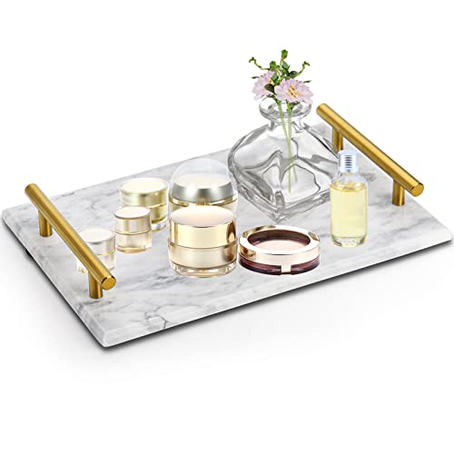 DEAYOU Marble Tray with Gold Handles, White Marble Stone Decorative Tray, 12" Nightstand Serving Tray with Metal Handle, Catchall Key Perfume Tray Pastry Food Board for Vanity, Coffee Table, Desk