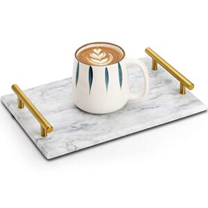 DEAYOU Marble Tray with Gold Handles, White Marble Stone Decorative Tray, 12" Nightstand Serving Tray with Metal Handle, Catchall Key Perfume Tray Pastry Food Board for Vanity, Coffee Table, Desk