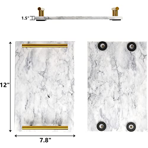 DEAYOU Marble Tray with Gold Handles, White Marble Stone Decorative Tray, 12" Nightstand Serving Tray with Metal Handle, Catchall Key Perfume Tray Pastry Food Board for Vanity, Coffee Table, Desk