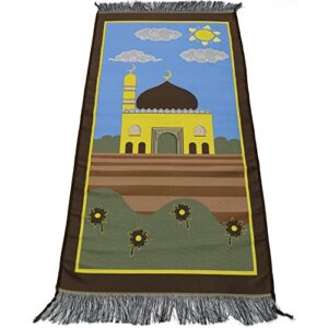 modefa turkish islamic prayer rug – thin praying carpet for boys and girls – small child size muslim prayer mat for young kids – ramadan or eid gift – floral masjid & kaba (floral masjid – brown/blue)
