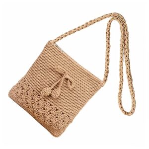 JBRUN Women Straw Crossbody Purse Beach Handmade Woven Shoulder Bag Cotton Crochet Tassel Square Bag Bohemian Messenger Bag (E-Brown)