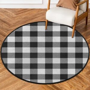 buffalo plaid round area rug,black and white buffalo check large circle rugs non slip round floor mat soft washable carpet for living room bedroom indoor outdoor, 5 ft