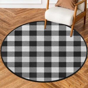 Buffalo Plaid Round Area Rug,Black and White Buffalo Check Large Circle Rugs Non Slip Round Floor Mat Soft Washable Carpet for Living Room Bedroom Indoor Outdoor, 5 ft