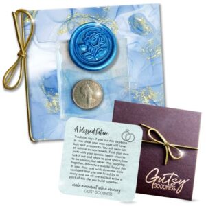 authentic silver sixpence coin for bride’s shoe – 4 piece set includes 1956 sixpence, sentimental message card, something old new borrowed something blue tradition wedding poem card, keepsake gift box