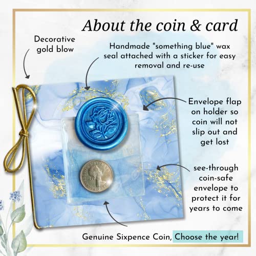 Authentic Silver Sixpence Coin For Bride's Shoe - 4 Piece Set Includes 1956 Sixpence, Sentimental Message Card, Something Old New Borrowed Something Blue Tradition Wedding Poem Card, Keepsake Gift Box