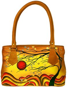 evi’s bags women’s hand painted genuine leather handbag – shoulder bag – hobo, by evi’s bags. unique, large, handmade purse – satchel – tote. wearable art – “sun & windin bag, tan, yellow, red, black