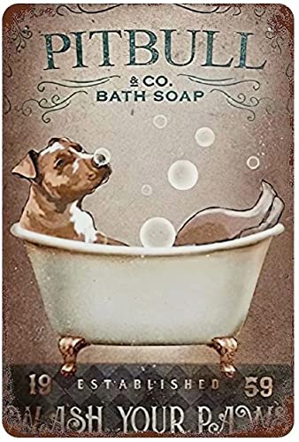 Pitbull Dog Metal Tin Signs Pitbull Bath Soap Wash Your Paws Funny Poster Cafe Living Room Kitchen Bathroom Home Art Wall Decoration Plaque Gift