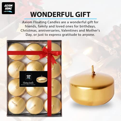 Axiom - Pack of 24 Floating Candles, 4 Hours Burning Time - Dripless Floating Candles for Valentine's Day - 100% Pure and Natural Hand-Rolled Wax Candles for Parties - Metallic Golden (Unscented)