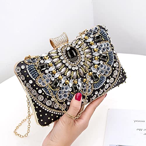 BESTYROCLY Black Clutch Purses for Women and Rhinestone Beaded Bag Evening Handbag for Bride