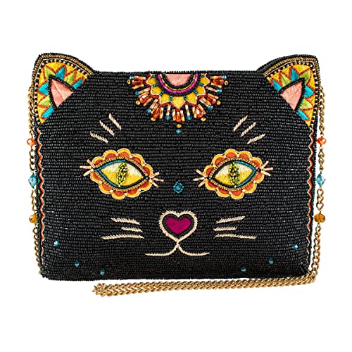 Mary Frances Purrsuasian Beaded Sugar Skull Cat Crossbody Clutch Handbag, Black