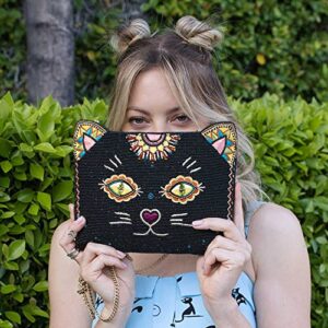 Mary Frances Purrsuasian Beaded Sugar Skull Cat Crossbody Clutch Handbag, Black