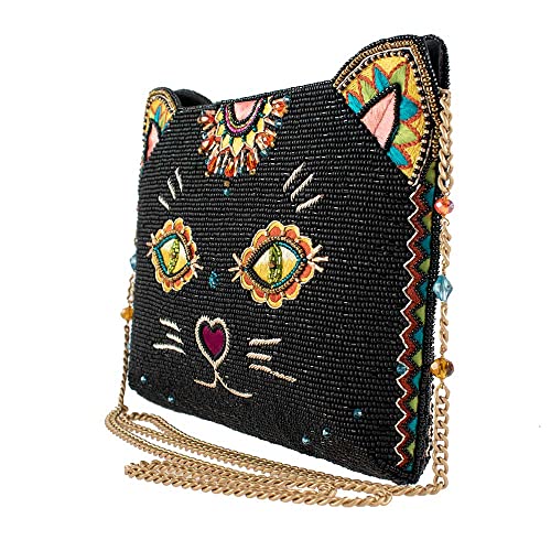 Mary Frances Purrsuasian Beaded Sugar Skull Cat Crossbody Clutch Handbag, Black