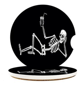car coasters for drinks absorbent, 2 pack cup holders, 2.56″ ceramic stone & non-scratch cork base coasters, auto accessories for women & men, human skeleton cocktail funny skull