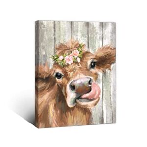 Rustic Canvas Wall Art for Bathroom Wall Decor Country Cute Cow Pictures for Bedroom Modern Framed Paintings Wall Decor for Farmhouse Kitchen Office Wall Decoration Artwork for Home Walls Size 12x15