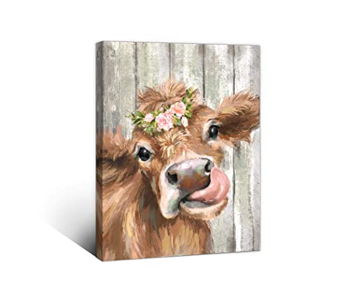 Rustic Canvas Wall Art for Bathroom Wall Decor Country Cute Cow Pictures for Bedroom Modern Framed Paintings Wall Decor for Farmhouse Kitchen Office Wall Decoration Artwork for Home Walls Size 12x15